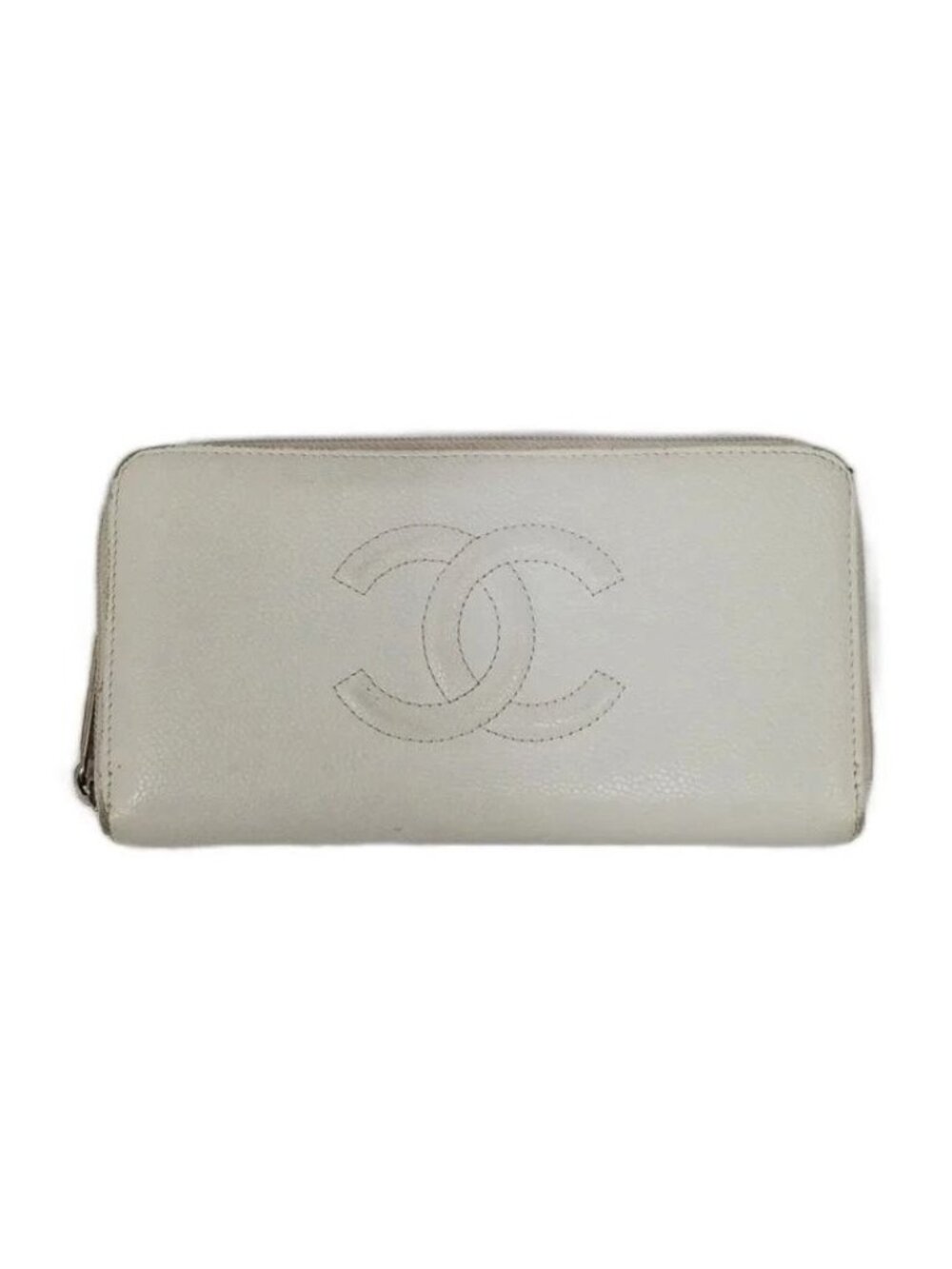 Chanel CC Logo Caviar Leather Wallet Zip Around Coin Purse Ivory